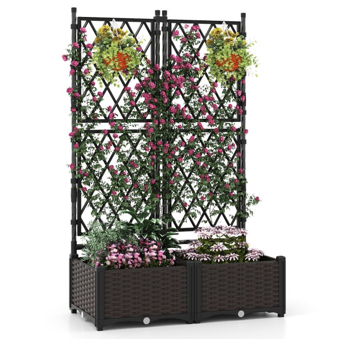 128 cm Tall Standing Privacy Fence Raised Garden Bed with Lattice Trellis-Black