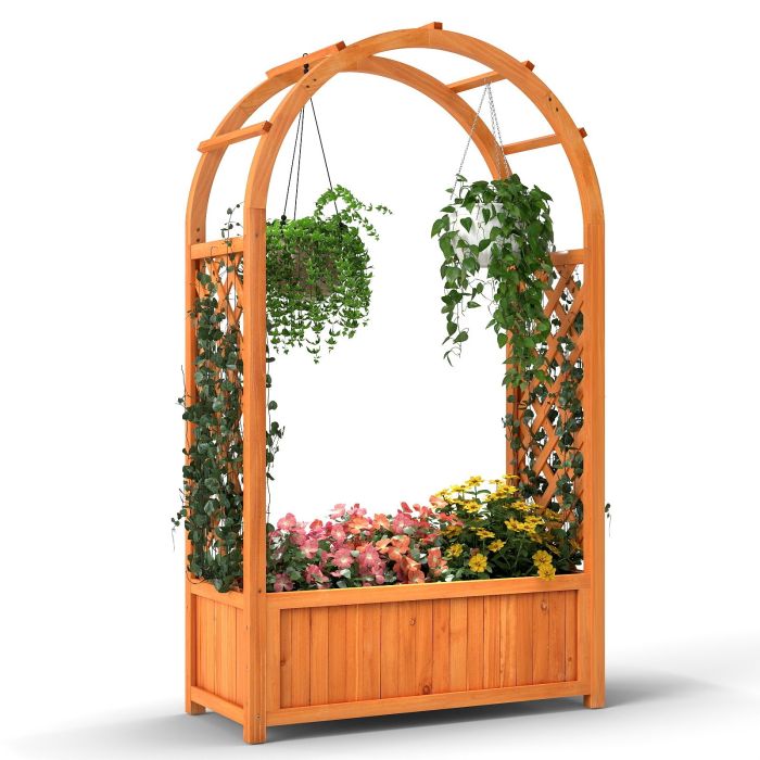 Raised Garden Bed with Arch Trellis Wood Planter Box with Liner-Brown