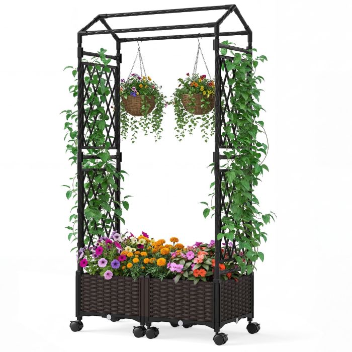 Self-Watering Planter with Trellis & Roof-Brown