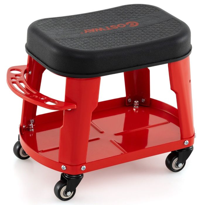 ULAL Garage Rolling Stool with Equipment Tray and Tool Holder-Red