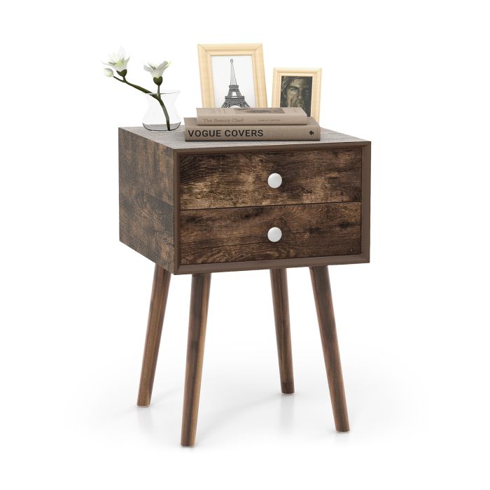 Bedside Table - SHAW 2 Drawer Nightstand Rustic Brown 40cm