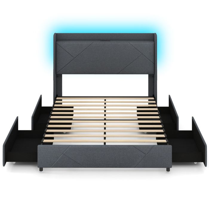 Kingsize Bed - ORLANDO 5ft Metal Bed with LED Lights and Charging Station Grey