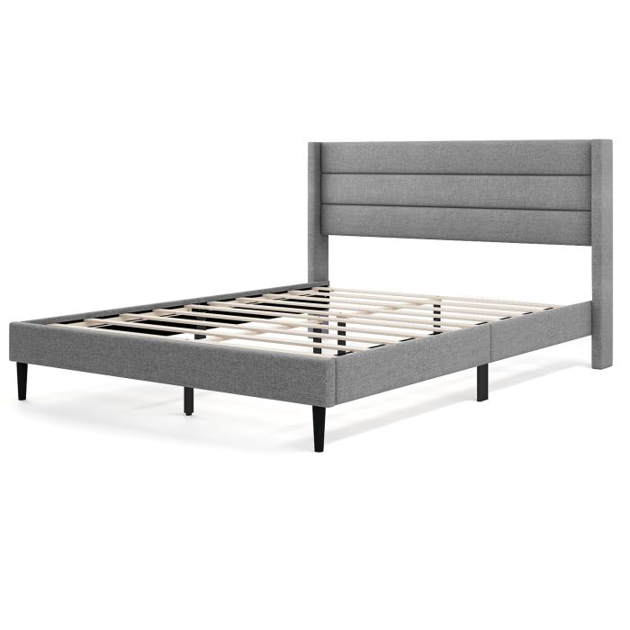VIREL Bed Frame with Wingback Headboard and Wooden Slats Support-Grey-Double Size