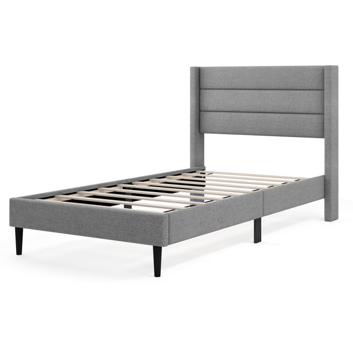 VIREL Bed Frame with Wingback Headboard and Wooden Slats Support-Grey-Single Size