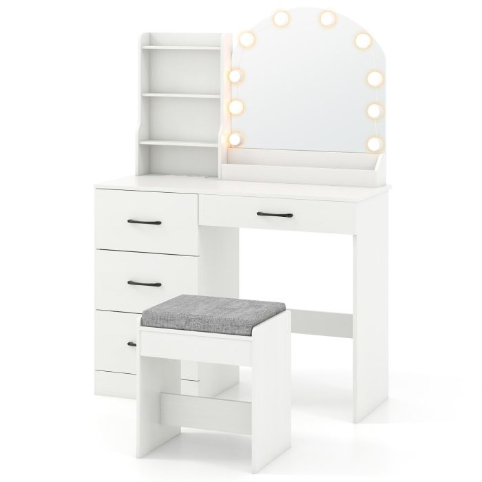 ZEEN Makeup Vanity Desk with Mirror and Lights Dressing Table and Stool Set-White