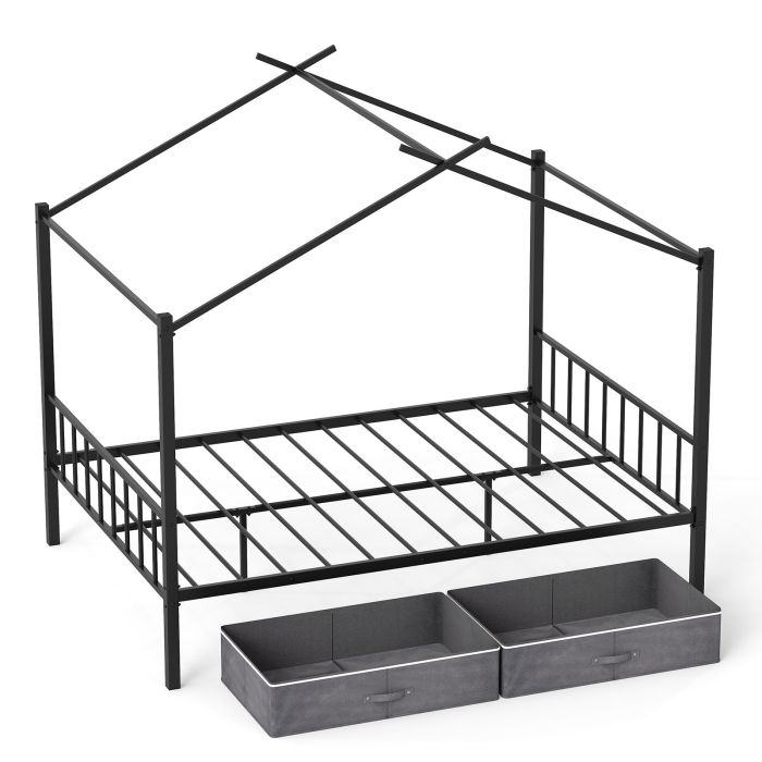 Double Bed - CEDRAL House Bed with 2 Drawers No Box Spring Needed - Black