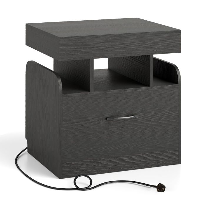 BRYNTON Nightstand with Charging Station with Drawer and Sliding Top Storage-Black