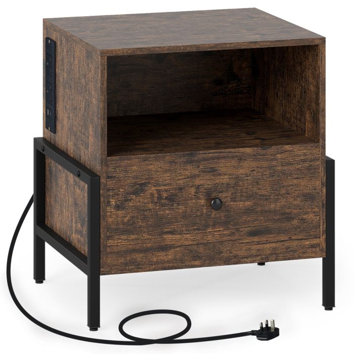 Nightstand with Charging Station 3-Tier Bedside Table with Drawer-Brown