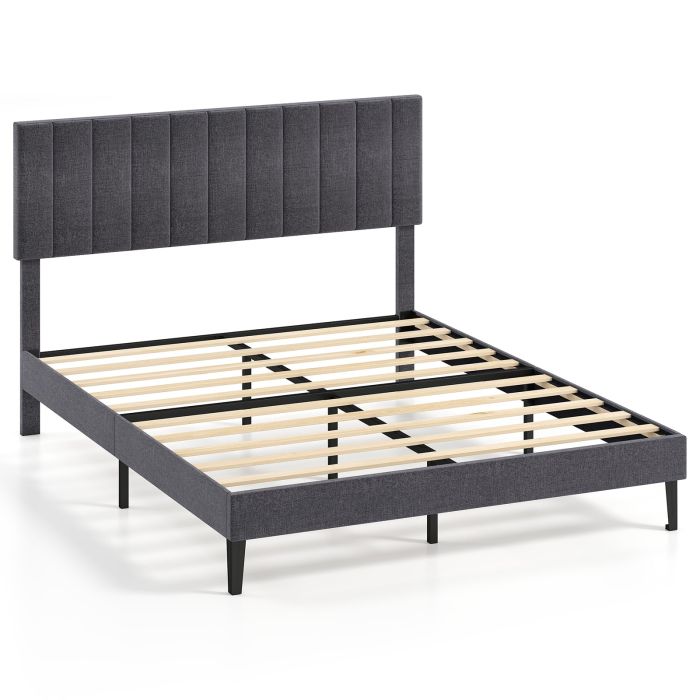 VVARO Linen Fabric Bed Frame with Height Adjustable Headboard-Grey-King Size