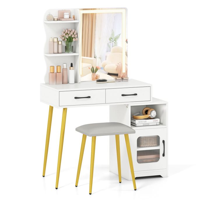 Makeup Dressing Table with Reversible Cabinet and 3 Light Colors-White