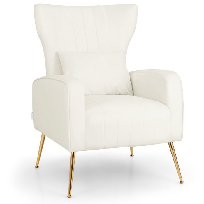 Armchair - Velvet Upholstered Wingback Chair with Lumbar Pillow and Golden Metal Legs-White