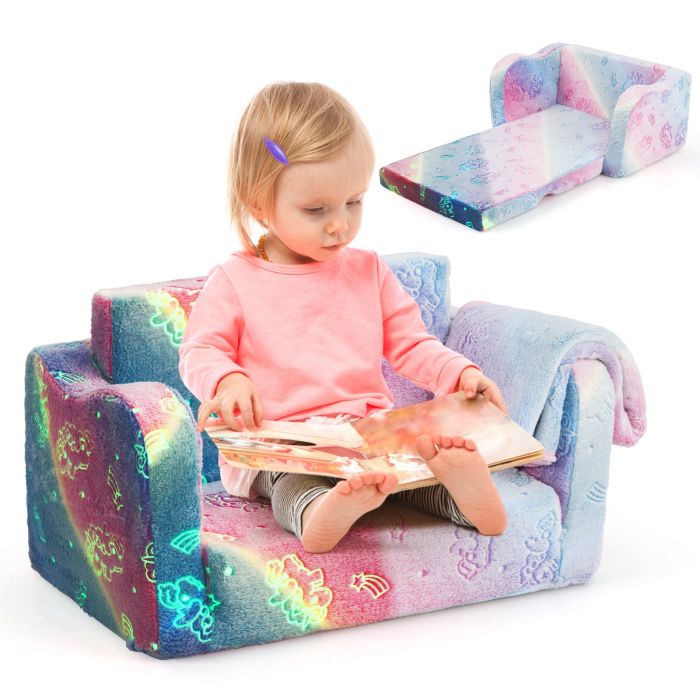 ZEVELY Kids Couch with Blanket 2-in-1 Folding Toddler Sofa Glow in the Dark Chair-Pink