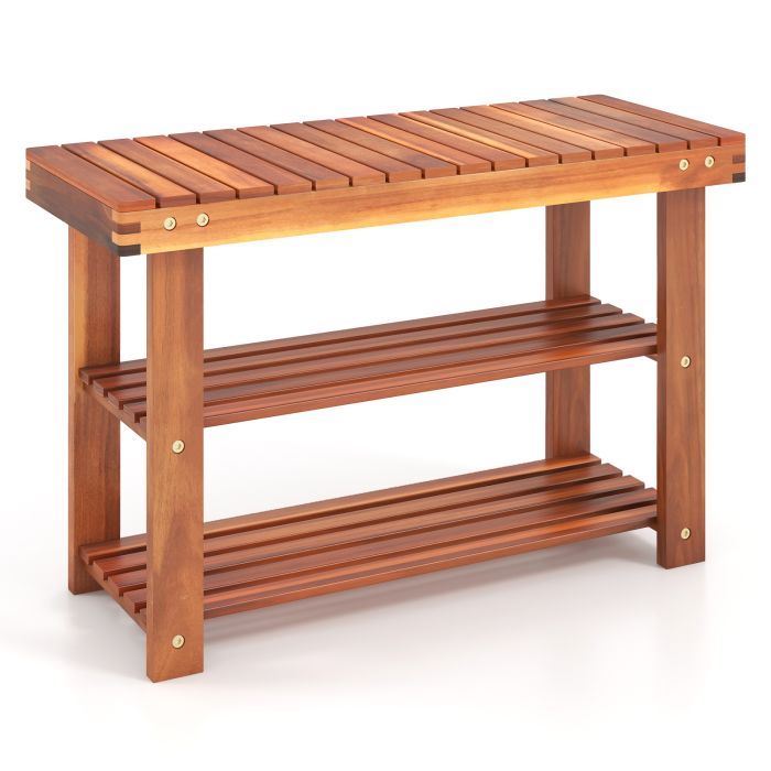 ARVAIN Acacia Wood Shoe Rack Bench 3-Tier Shoe Organizer Storage Shelf-Medium