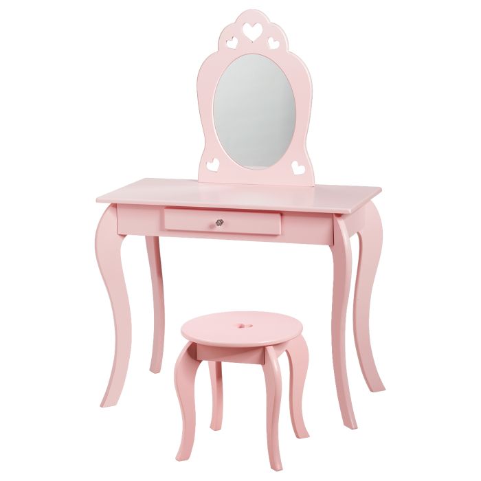 Kids Furniture - Kids Vanity Table and Stool with Removable Mirror and Drawer-Pink