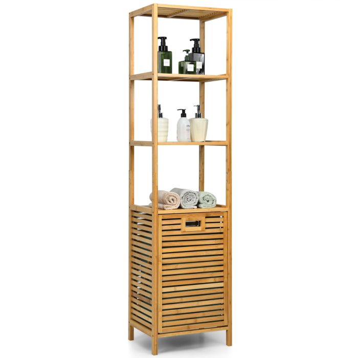 Bathroom Cabinet - Bathroom Tilt-out Laundry Hamper Organizer with 3-Tier Storage Shelves-Natural