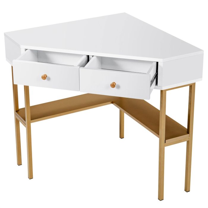 Computer Desk - Triangular Corner Computer Desk with 2 Drawers and Storage Shelves Golden 70cm