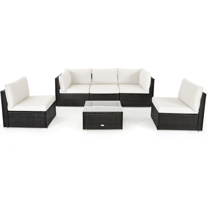 Patio Set - 6 Piece Outdoor Rattan Sofa Set with Soft Seat and Back Cushions - White
