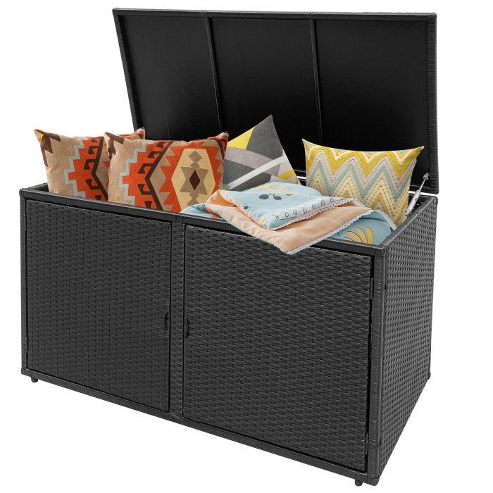 Garden Storage - 330L 2-Tier Outdoor PE Wicker Storage Box with Lid and Front Doors-Black