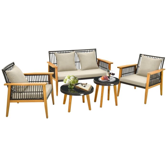 Patio Set - 5 Pieces Outdoor Conversation Set with Acacia Wood Frame and Cushions - Brown