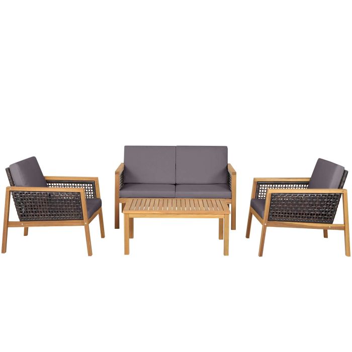 Patio Set - 4Piece Patio Acacia Wood Furniture Set with Removable Cushions - Grey