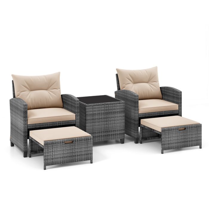 ALONXO 5 Piece Wicker Patio Furniture Set with 2 Cushioned Chairs and 2 Ottomans-Beige
