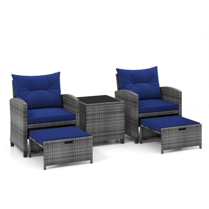 ALONXO 5 Piece Wicker Patio Furniture Set with 2 Cushioned Chairs and 2 Ottomans-Navy