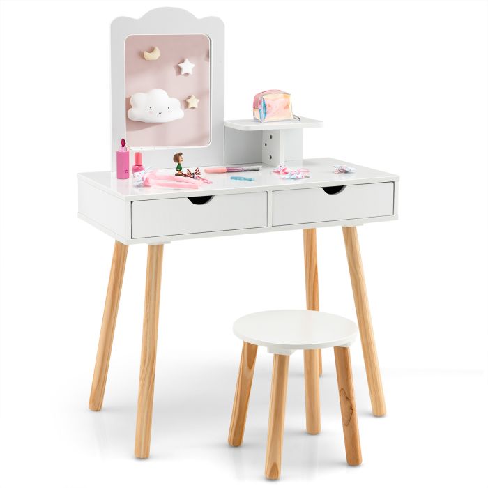 Kids Furniture - Kids Vanity Table and Stool Set with Square Mirror and Storage Shelf-White