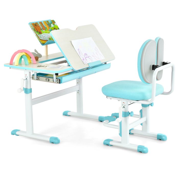 AEN Adjustable Kids Desk and Chair Set with Book Stand-Blue