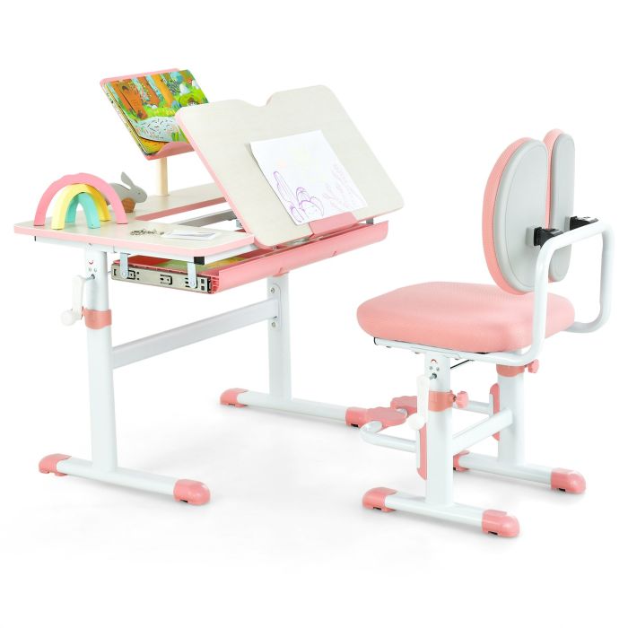 AEN Adjustable Kids Desk and Chair Set with Book Stand-Pink