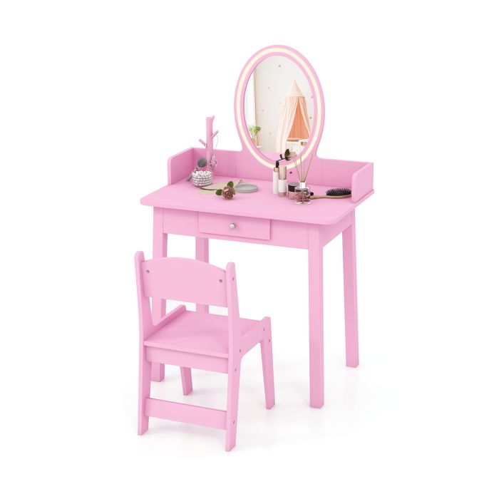 Kids Vanity Set Makeup Beauty Dressing Table and Chair with Lighted Mirror-Pink