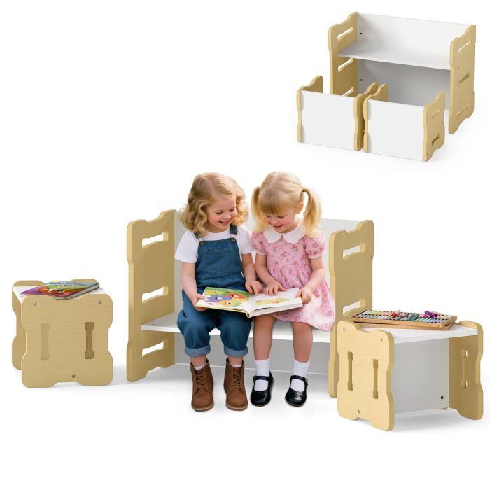 DALWEND Kids Table and Chair Set 3-Piese Toddler Set with 2 Stools and Activity Table-Natural