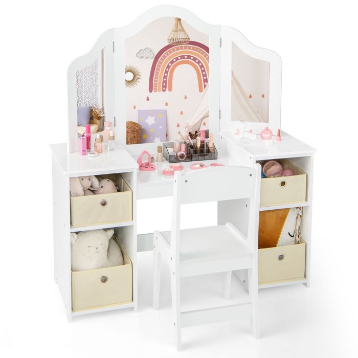 DAFINE Kids Vanity Table and Chair Set with 3 Removable Mirrors and 4 Storage Bins for Children-White