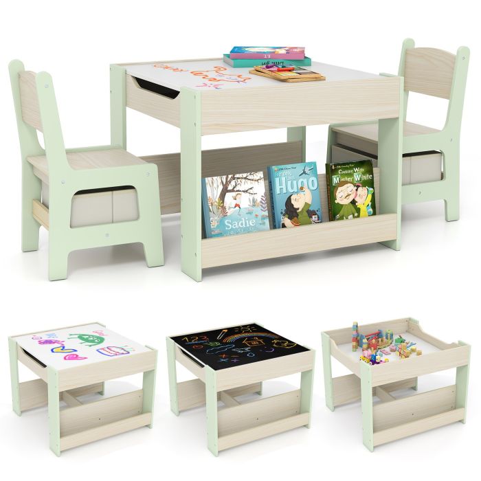 LYVEUL 4 in 1 Kids Table and Chairs Set with Reversible Tabletop and Bookshelves-Green