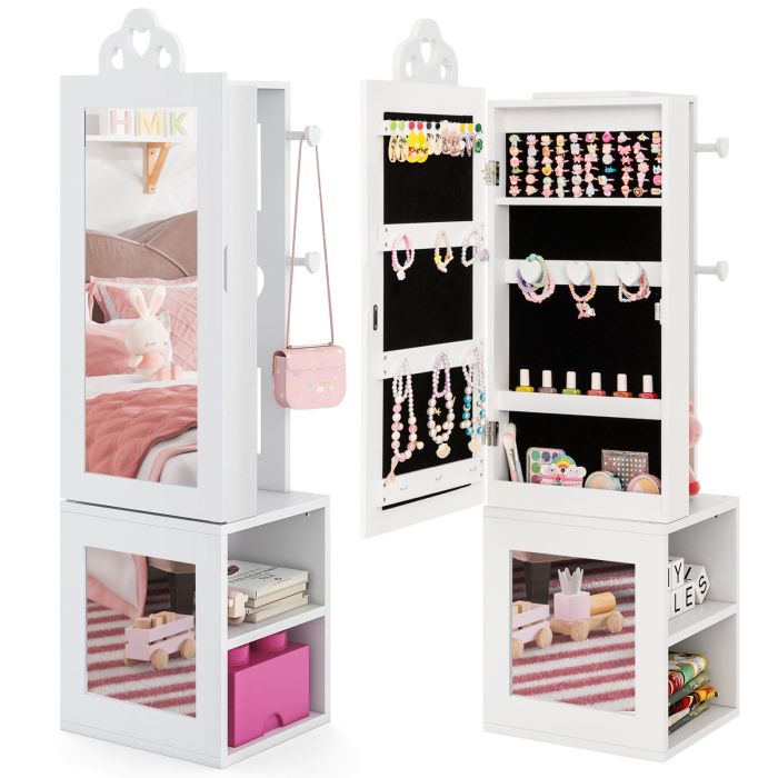 ALON Kids Jewelry Armoire Full Length Mirror with Coat Rack and Storage Shelves-White
