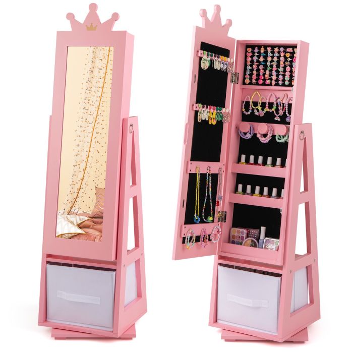 ENRAIV Kids Jewelry Cabinet Standing Jewelry Organizer with Full-Length Mirror-Pink