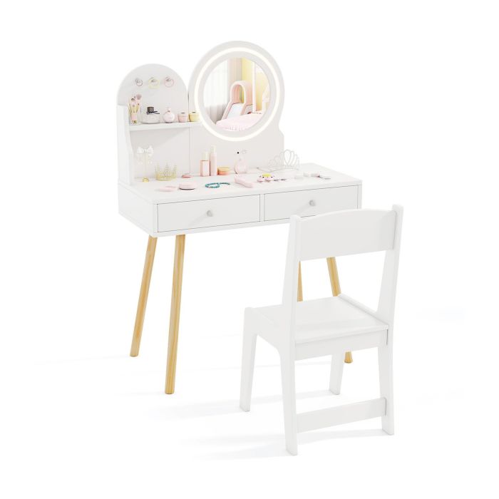 INAR Wooden Kids Vanity Set with Lighted Mirror, Hooks and Storage Drawers-White