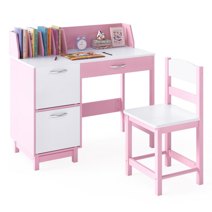 DORSENOR Kid's Study Desk and Chair Set with Deep Drawer and Enclosed Cabinets-Pink