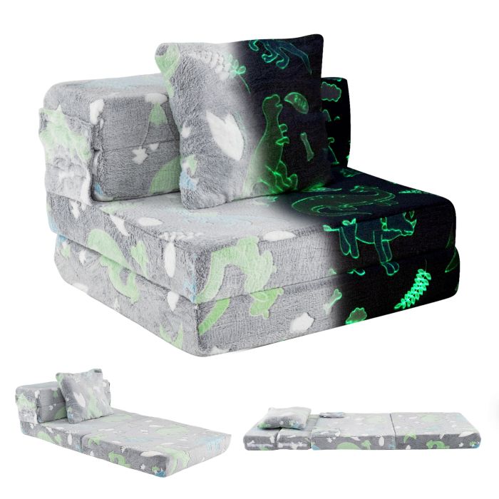 YIORA Glow In the Dark Kids Couch with Washable Zippered Covers and Extra Pillow-Grey