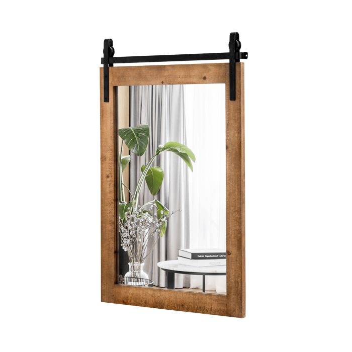 Wall Mounted Mirror with Solid Wood Frame and Metal Bracket - Brown