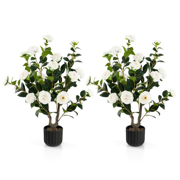 Artificial Camellia Tree with Flowers and Rain-Flower Pebbles - White-2 Pcss