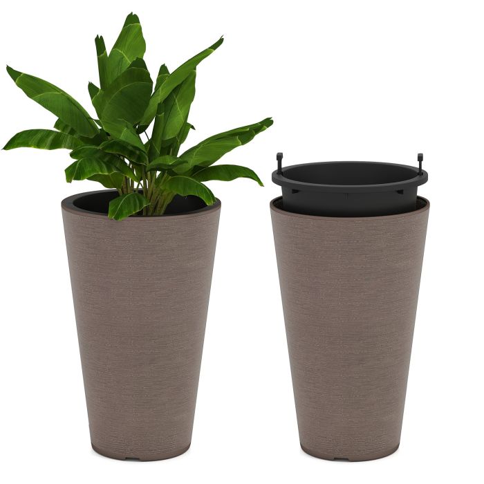 Tall Round Planter Set of 2 with Removable Inner Bucket and Drainage Holes-Brown