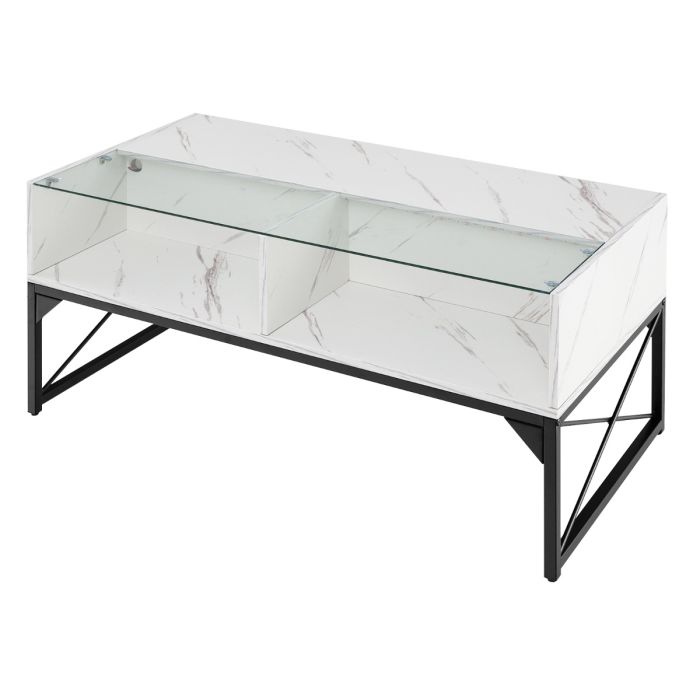 Coffee Table - High-gloss LED Coffee Table with Faux Marble and Tempered Glass Top-White