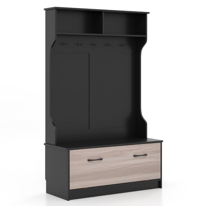 63 Inches Hall Tree with Coat Rack and Storage Bench - Black