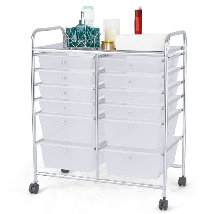 File Cabinet - 12 Drawers Rolling Storage Cart with 4 Wheels and Brakes-Clear