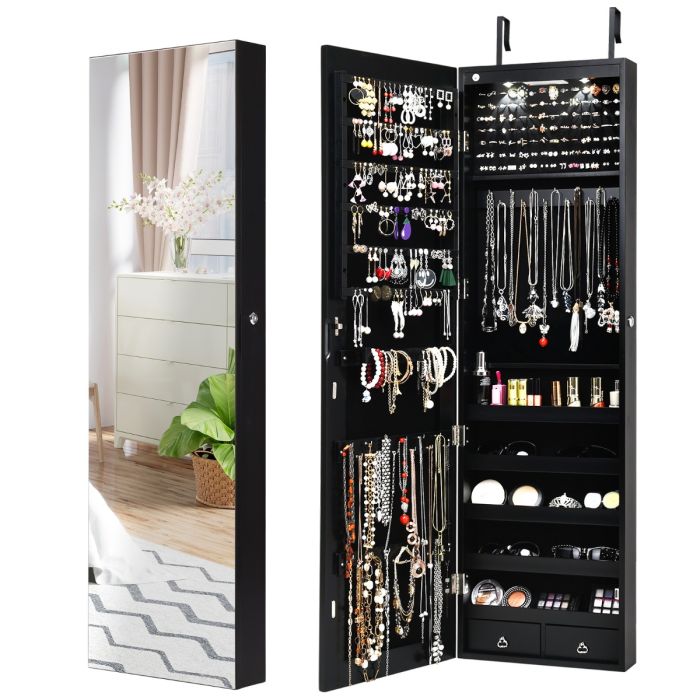 Lockable Wall Mounted Jewelry Armoire with Full Length Mirror and