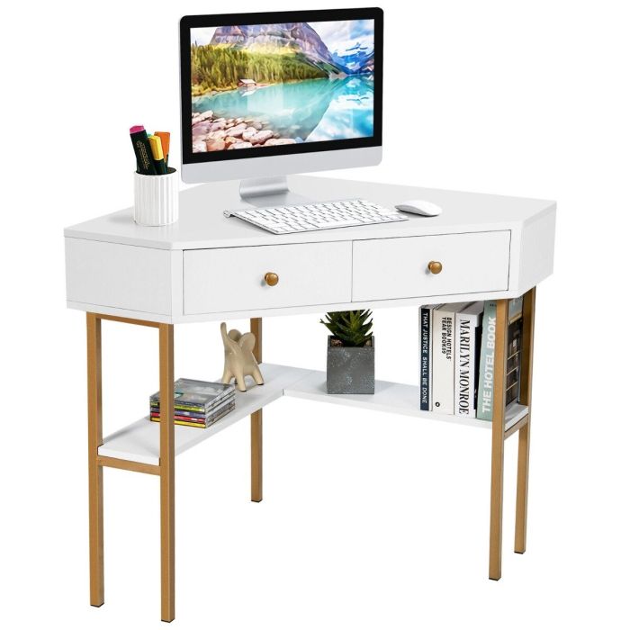 Computer Desk - Triangular Corner Computer Desk with 2 Drawers and Storage Shelves White 70cm