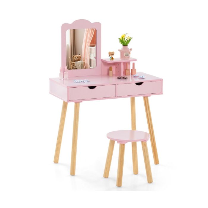 Kids Furniture - Kids Vanity Table and Stool Set with Square Mirror and Storage Shelf-Pink