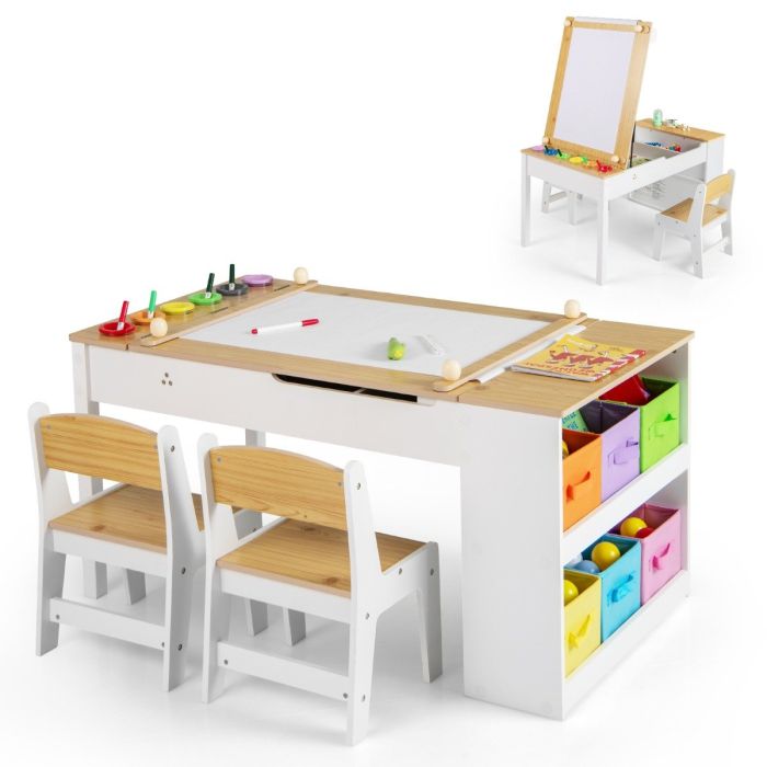 DORNIX 2-in-1 Kids Art Table and Easel Set with Chairs and Liftable Tabletop-Natural