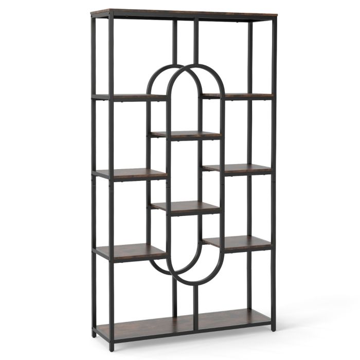 UVEN Industrial Bookcase with Open Shelves Oval Design-Rustic Brown