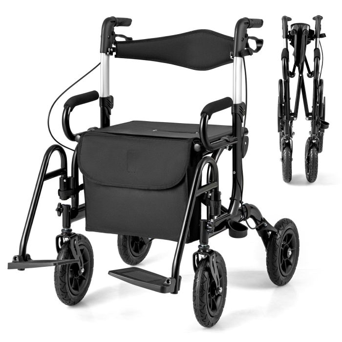 DRAYWICKE 2-in-1 Foldable Rollator Walker with Seat and Pneumatic Tires for All Terrain-Black